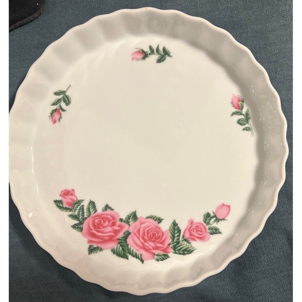 VINTAGE ONEIDA ROSE PATTERN PORCELAIN FLUTED PIE/QUICHE/TART BAKING DISH
